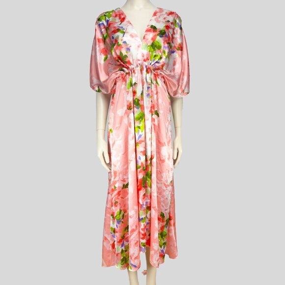 OSCAR DE LA RENTA Vtg Satin Pink Floral Luxury Maxi Haute Couture Dress S/M - Picture 2 of 16